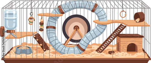 Pet Hamster Cage Interior with Exercise Wheel, Plastic Tunnel, Wooden Platforms, Ladder, Water Dispenser and Food Bowl Rodent Habitat Vector Illustration