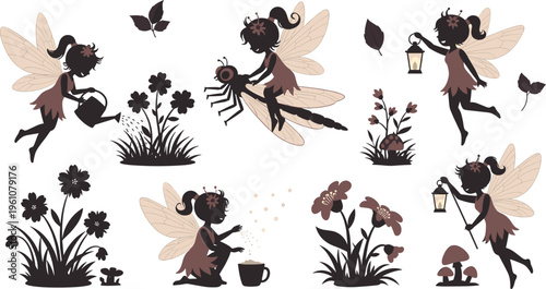 Cute Fairy Silhouette Characters Set with Wings, Flowers, Lantern and Dragonfly Magical Forest Fantasy Vector Illustration Collection