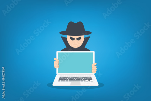 Cyber Hacker with Laptop Vector Illustration, Online Fraud Attack, Data Breach Security Threat, Identity Theft Crime, Anonymous Cybercriminal, Internet Privacy Risk Concept