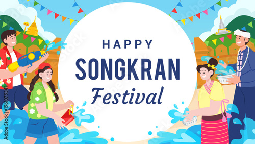 Happy Songkran festival in Chiang Mai banner background vector illustration. Celebrate Thai New Year