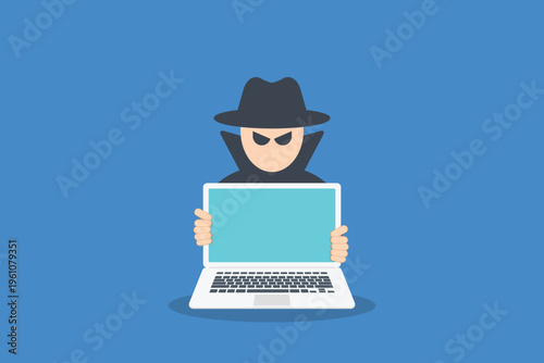 Cyber Hacker with Laptop Vector Illustration, Online Fraud Attack, Data Breach Security Threat, Identity Theft Crime, Anonymous Cybercriminal, Internet Privacy Risk Concept