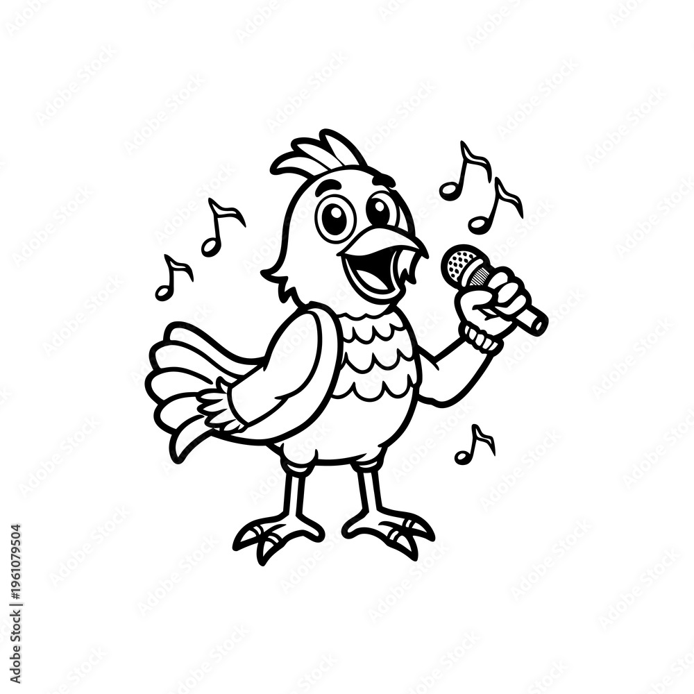 Fototapeta premium A cartoon bird with a microphone singing with musical notes around it.