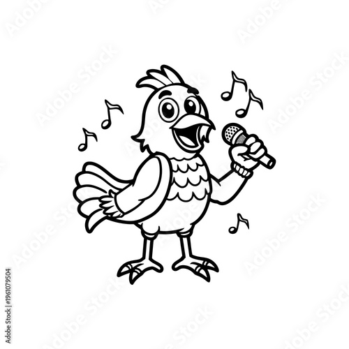 A cartoon bird with a microphone singing with musical notes around it.