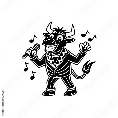 A cartoon bull wearing a suit and tie, singing into a microphone with musical notes around him.