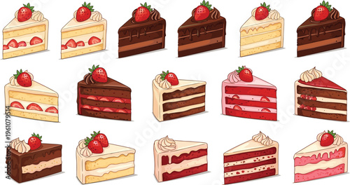 Assorted cake slices collection with chocolate, strawberry and cream layers, sweet bakery dessert variety set isolated vector illustration