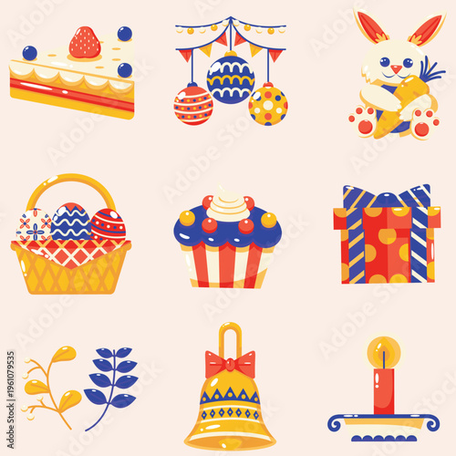 Charming collection of festive holiday celebration icons featuring sweet treats, delightful gifts, and seasonal decorations in a cheerful flat design style