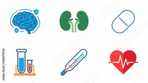 Medical Healthcare Icons Featuring Essential Human Organs Medication and Diagnostic Tools for Well Being