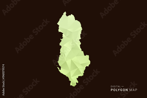 Albania Map - Low poly polygon map in soft light green gradient on dark brown background, modern minimal geometric style, clean abstract vector illustration design.