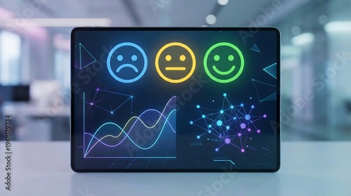 Customer feedback dashboard on digital tablet, glowing emoji rating icons with data analytics charts, business sentiment analysis interface