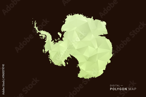 Antarctica Map - Low poly polygon map in soft light green gradient on dark brown background, modern minimal geometric style, clean abstract vector illustration design.