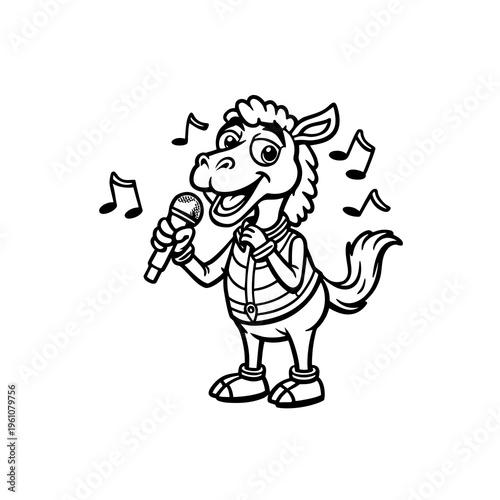 Black and white cartoon illustration of a happy horse character singing into a microphone with musical notes.