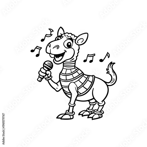 Cartoon camel character singing into a microphone with musical notes, black and white line art illustration.
