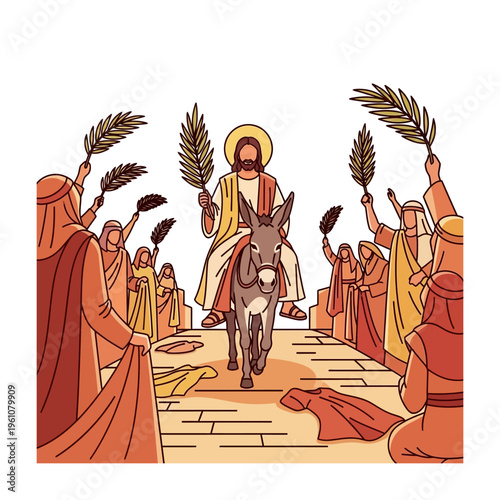 Triumphal entry scene with a robed figure riding a donkey and crowds waving palms.