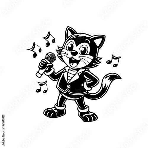 A cartoon black and white cat character singing into a microphone with musical notes.