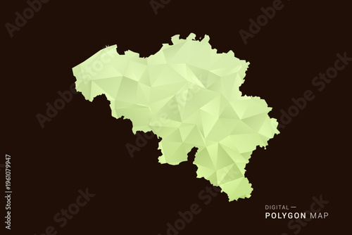 Belgium Map - Low poly polygon map in soft light green gradient on dark brown background, modern minimal geometric style, clean abstract vector illustration design.