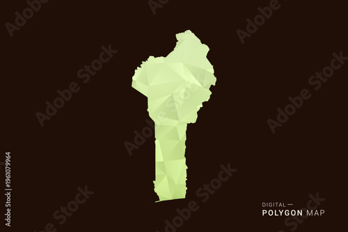 Benin Map - Low poly polygon map in soft light green gradient on dark brown background, modern minimal geometric style, clean abstract vector illustration design.