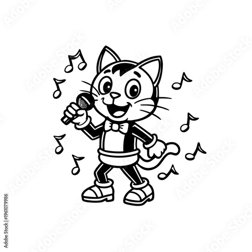 Black and white cartoon cat mascot singing into a microphone with musical notes.
