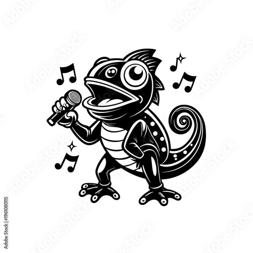 A black and white cartoon chameleon mascot singing into a microphone with musical notes.