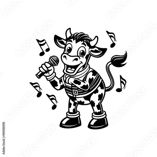 Cartoon cow singing into a microphone surrounded by musical notes, presented as a black and white illustration.