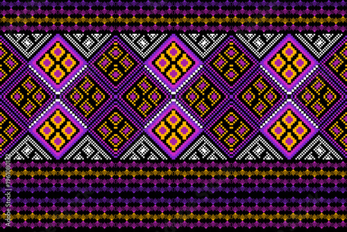 Abstract Thai mudmee silk pattern. This vibrant vector features traditional geometric designs in a horizontal border, perfect for backgrounds, textile prints, or cultural decorations.