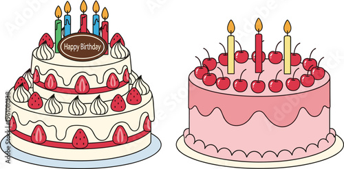 Birthday cake set with candles, strawberries and cherries, festive celebration desserts with cream decoration vector illustration collection
