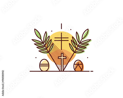 Minimalist Easter religious icon with cross, palm leaves and decorated eggs.