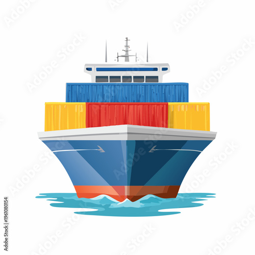Vibrant illustration of a modern cargo ship sailing on the open sea, heavily loaded with an array of colorful shipping containers, symbolizing international logistics and global trade operations