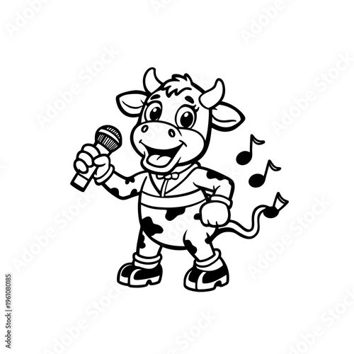 A cartoon cow mascot singing into a microphone with musical notes, black and white illustration.