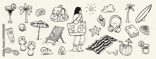 Hand drawn summer beach doodle set with palm tree, sun, shells, cocktail, sunglasses, travel items and relaxing elements. Perfect for vacation design, tropical lifestyle and seasonal graphics.