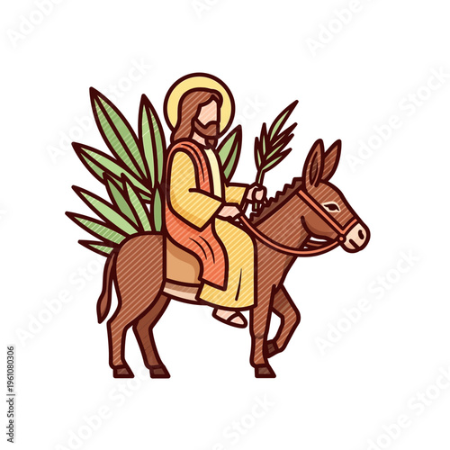 Colorful illustration of Jesus riding a donkey with palm branches.