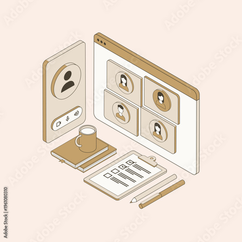 Seamless Virtual Meeting Experience Isometric Representation of Remote Work Collaboration, Online Communication, and Productivity Tools for Modern Distributed Teams and Efficient Home Office
