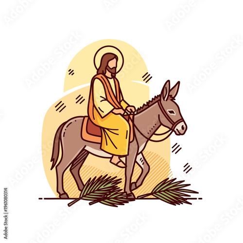 Illustration of a biblical figure riding a donkey with palm branches.