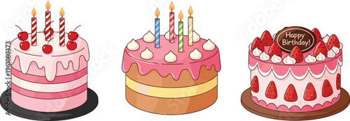Birthday cake collection with candles, strawberries and cherries, colorful festive desserts with cream layers for celebration vector illustration set