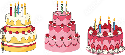 Birthday cake set with candles, strawberries and cherries, colorful celebration desserts with cream layers and festive decoration vector illustration