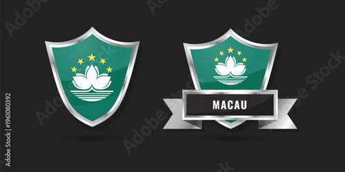 High-quality 3D metallic shield and ribbon featuring the flag of Macau. Glossy silver emblem for Macanese branding, administrative icons, and patriotic identity.