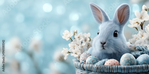 Charming Easter still life with white bunny, porcelain style eggs and floral decor on soft blue backdrop
