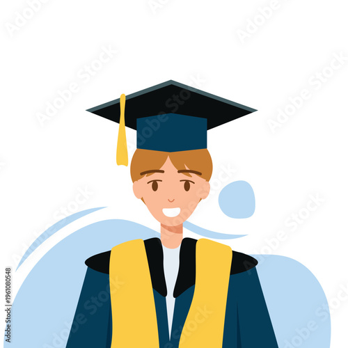 Male university student in graduation gown and mortarboard cap illustration. Happy young man celebrating academic success. Flat vector graduate character on blue background.