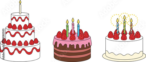 Birthday cake collection with candles and strawberries, festive celebration desserts with cream and chocolate layers vector illustration set