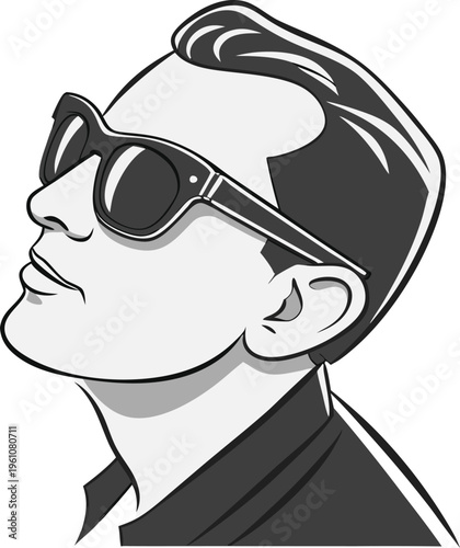Vintage retro man portrait wearing sunglasses, classic 1950s rockabilly style vector illustration, cool male character with pompadour hairstyle