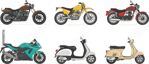 Collection of colorful cartoon motorcycle and scooter illustrations including cruiser, dirt bike, sportbike, modern scooter, and vintage scooter, perfect for transportation, automotive