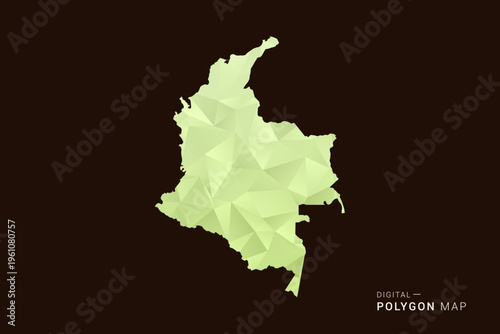 Colombia Map - Low poly polygon map in soft light green gradient on dark brown background, modern minimal geometric style, clean abstract vector illustration design.