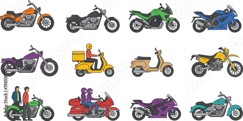 Collection of colorful cartoon motorcycle and scooter illustrations including cruisers, sport bikes, touring motorcycles, and vintage scooters, perfect for transportation, automotive, gaming