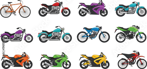Collection of colorful cartoon two‑wheeled vehicle illustrations including motorcycles, dirt bikes, cruisers, sport bikes, and a classic bicycle, perfect for transportation, automotive, gaming