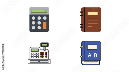 Collection of office and financial equipment icons displayed on a plain background