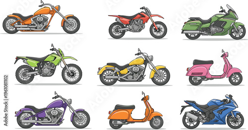 Collection of colorful motorcycle and scooter illustrations including chopper, cruiser, sport, touring, and dirt bike designs, perfect for transportation, automotive, recreation, education