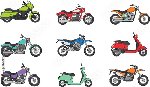 Collection of colorful motorcycle and scooter illustrations including cruiser, sport, touring, dirt bike, and classic scooter designs, perfect for transportation, automotive, gaming, education