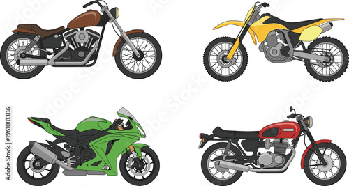 Collection of colorful motorcycle illustrations including cruiser, sport, dirt, and vintage designs, perfect for transportation, automotive, recreation, education, gaming, and creative artwork 