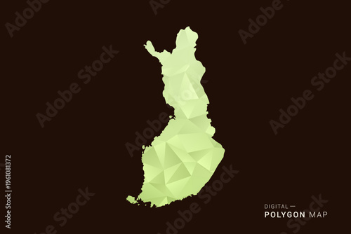Finland Map - Low poly polygon map in soft light green gradient on dark brown background, modern minimal geometric style, clean abstract vector illustration design.