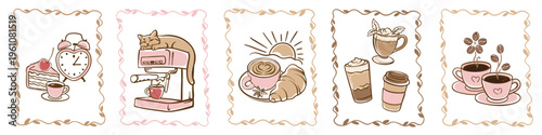 Set of cute coffee-themed illustrations. Hand-drawn doodle icons of morning coffee, breakfast pastries, espresso machine, and sleeping cat. Vector stickers for cafe or bakery branding.