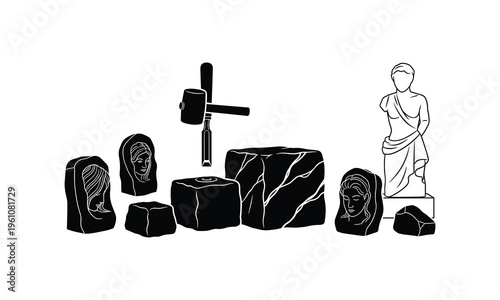 Ancient sculptor crafting busts and statue with traditional tools